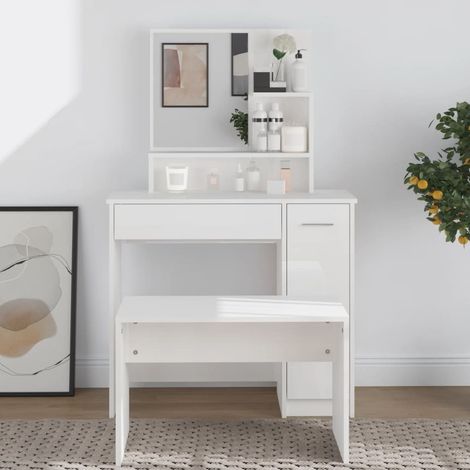 Coiffeuse avec miroir, Table de maquillage, Meuble coiffeuse Blanc brillant 86,5x35x136 cm RDS2749 (1/5)