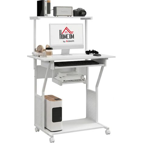 Bureau d'ordinateur roulant avec étagères de rangement, poste de travail et plateau pour clavier, 80x50x130cm, blanc (1/5)