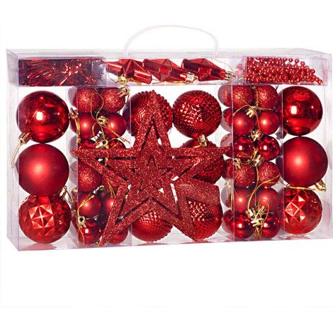 Set mit 66 Weihnachtskugeln, robuste Kunststoff-Baumdekoration, für drinnen und draußen, Rot
