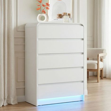 Comoda de habitación, 5 Cajones, LED integrado, Mueble de Almacenamiento Moderno Blanco, Diseño sin tirador
