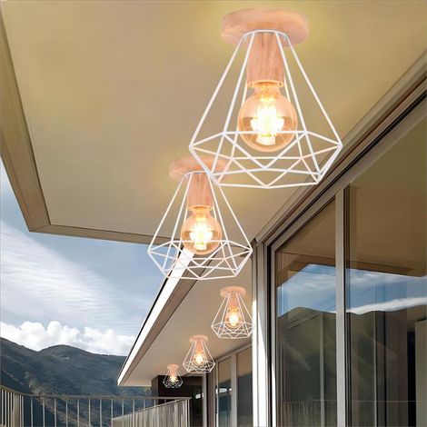 Rétro Diamant Plafonnier Industrielle Cage en Métal et Bois E27 40W Blanc 2PCS (1/5)
