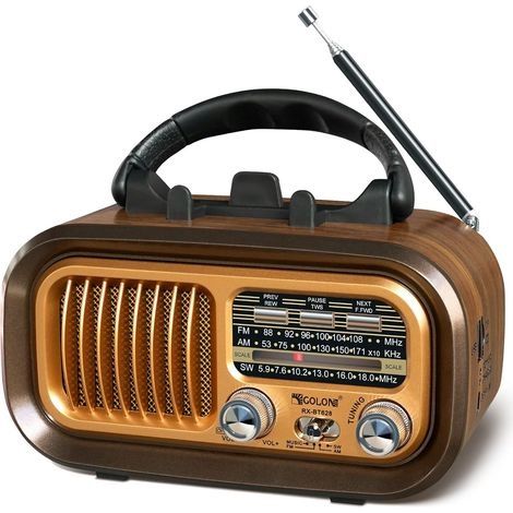 – Radio portable vintage Bluetooth FM/AM – Réception DSP – Antenne télescopique – Lecteur MP3 USB SD – Alimentation secteur et piles (1/5)
