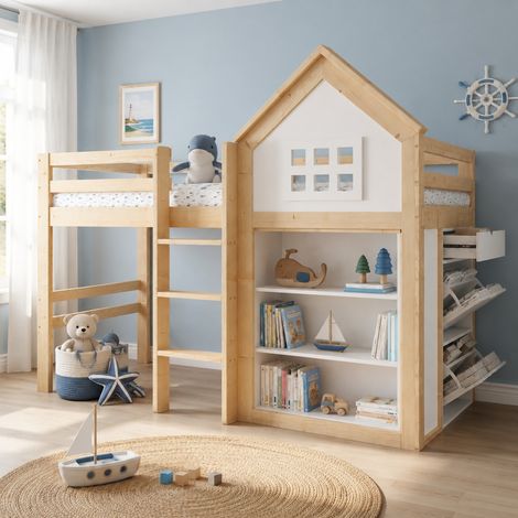 Cama alta infantil con almacenaje y 3 cajones 90 x 200 cm, blanco y madera natural HAVRYA (1/5)