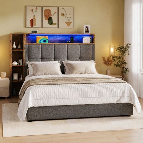 Lit 90x200 cm gris – avec LED, USB-C et rangement intégré, sans matelas (1/5)