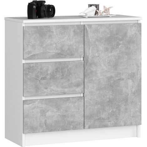 Cómoda AKORD JERRY Blanco 80 cm 1 puerta 3 cajones frente en color Gris Hormigón 2 estantes 80x35x77 cm
