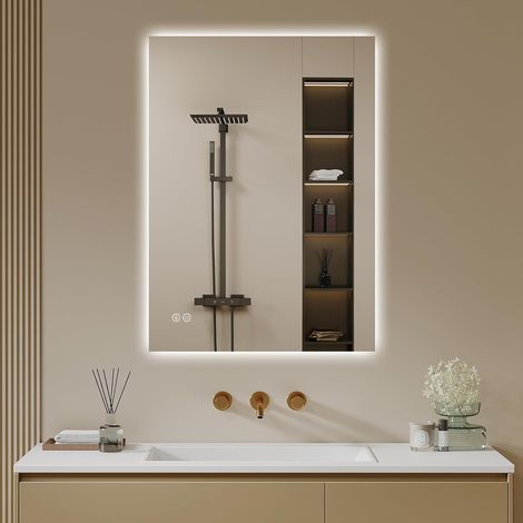 Miroir de salle de bain LED rond avec interrupteur tactile à intensité variable, 3 couleurs de lumière réglables, anti-buée, montage mural, miroir de salle de bain éclairé (anti-buée + 3 (1/5)