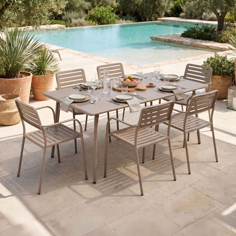 Table de jardin 180 cm + 6 fauteuils empilables en métal taupe - BACA (1/5)