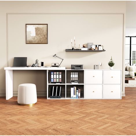 Bureau en MDF blanc pivotant à 360°, 120 x 48 x 78 cm avec meuble 140 x 35 x 74 cm et 8 rangements (1/5)