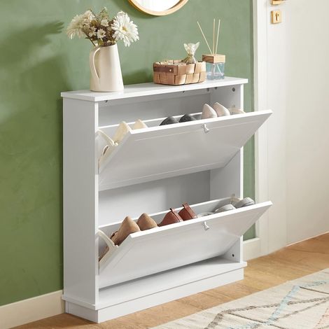 SoBuy Scarpiera Salvaspazio Slim con 2 Ante e 2 Ripiani - Scarpiera Ingresso per Mobile Ingresso Regolabile, Design Moderno, L76xP18xA78cm, Facile da Montare Bianca FSR99-W