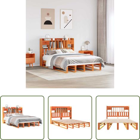 vidaXL Bett mit Regal - Massivholzbett mit Regal ohne Matratze Wachsbraun 150x200 cm (1/5)