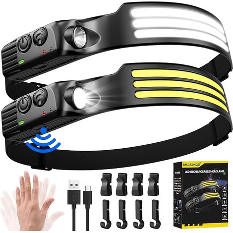 Linterna frontal LED ultra potente, 3000 lúmenes, súper brillante, 3 LED, 230°, recargable por USB, con sensor de movimiento, resistente al agua IPX5, ligera (0,63 kg), ideal para pesca, camping, cicl (1/5)