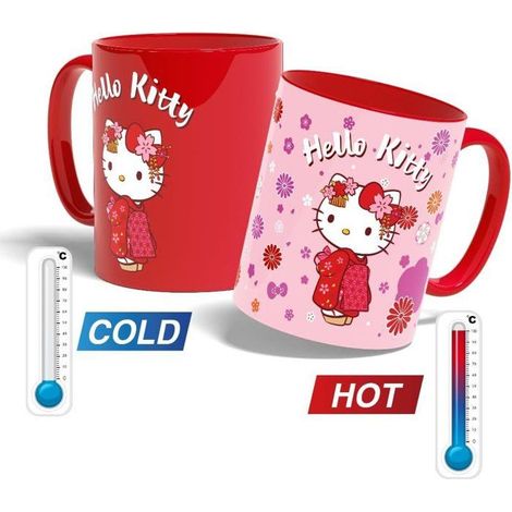 Thermo-Reaktionsbecher - Konix - Hello Kitty - 320 ml - Kimono-Muster - Rot