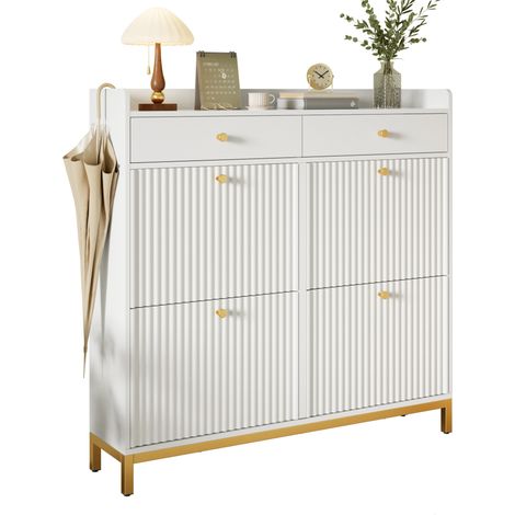 Meuble à chaussures gain de place blanc 4 abattants et 2 tiroirs, structure en panneau de particules, pieds métal, pour entrée étroite, 106,5 x 25 x 107 cm - CHICFURN (1/5)