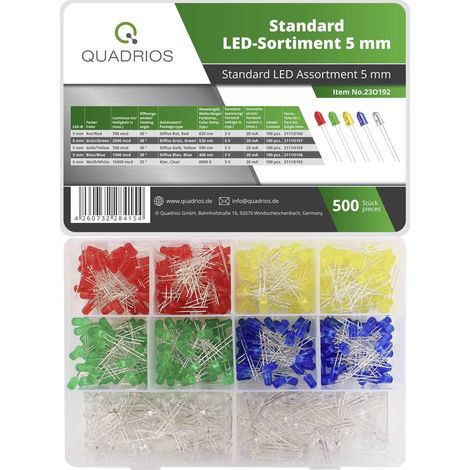 Quadrios 23O192 Assortimento LED Rosso, Verde, Giallo, Blu, Bianco 5 mm 20 mA 2 V, 3 V