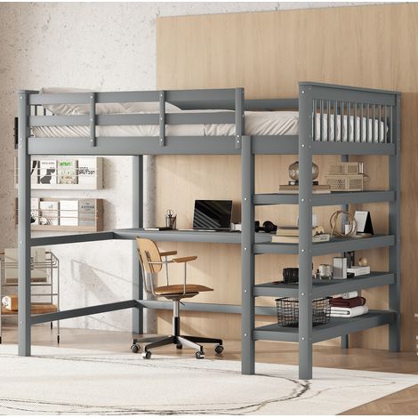 Letto a soppalco minimalista 140x200 cm in pino e MDF grigio, con scrivania e scaffali, rete a doghe (1/5)