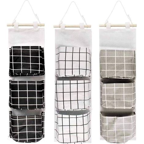 Lot de 3 sacs de rangement muraux empilables à 3 niveaux (60 x 20 cm) - Tissu lin imperméable, larges poches, idéal pour la chambre, la salle de bain, la cuisine et le bureau. (1/5)