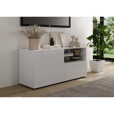 Meuble TV moderne 121 cm laqué blanc brillant Janeiro (1/5)