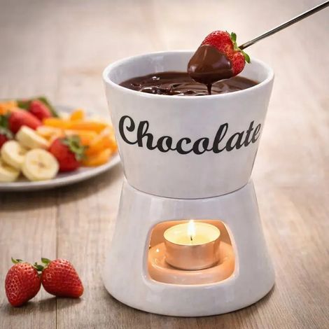 Fondue chocolat porcelaine 12x12x15cm avec 2 fourchettes inox (1/5)