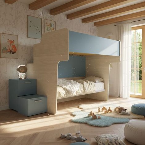 Letto a castello salvaspazio con rete superiore da una piazza e mezza e scala laterale - Rovere Rock e Avio (1/5)