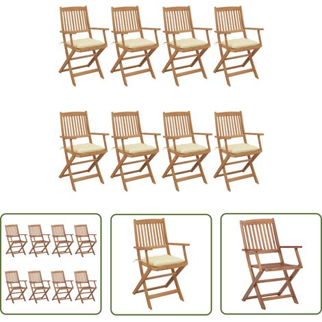 The Living Store Chaises pliables de jardin lot de 8 avec coussins Bois d'acacia - Chaise De Jardin - Fauteuil De Jardin - Mobilier De Jardin - Acacia - Chaise Pliante (1/5)