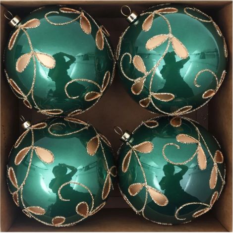 Set mit 4 Weihnachtskugeln (10 cm) – galvanisiert und handbemalt – Dunkelgrün (1/5)