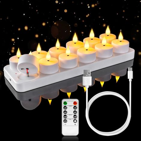 LED 12er Teelichter Wiederaufladbar mit Fernbedienung Ladestation, Aufladbare LED Teelichter Kerzen Flackernd mit Timer für Party Zimmer Halloween Weihnachten Deko