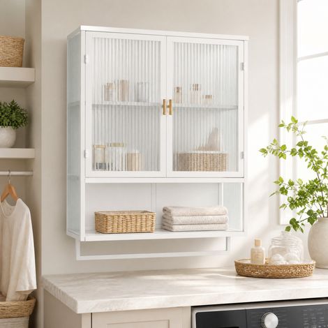 Wandmontierter Badezimmerschrank 60 cm mit Glastüren, offenem Fach und Handtuchhalter, weiß HAVRYA (1/5)
