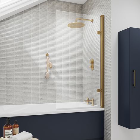 Nuie Pacific Brushed Brass Square Hinged Bath Screen 1520mm H x 830mm W - 8mm Glass (1/5)