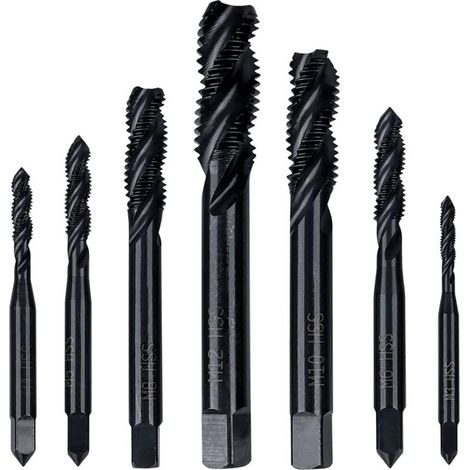 Jeu de 7 Tarauds à Filetage Hélicodal HSS Tarauds à Vis Cannelés Spirale Métrique Tarauds Assortiment M3 M4 M5 M6 M8 M10 M12 Outil de Taraudage de Filetage en Acier Rapide Revêtement en Nitru (1/5)