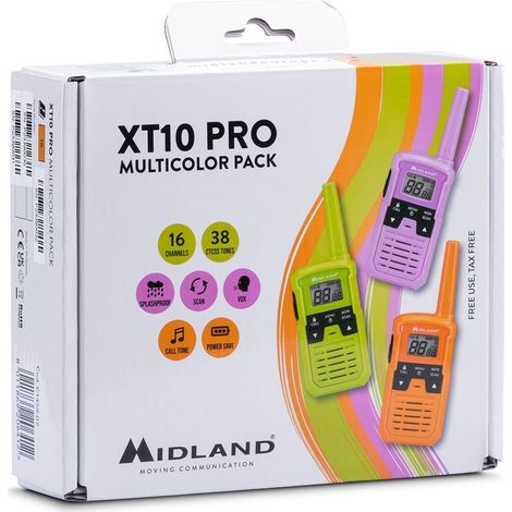 Midland - Walkie Talkie Bambini XT10 PRO Multicolor, 3 Radio Ricetrasmittenti per Giochi da Esterno e Famiglia - 16 Canali PMR446 Senza Licenza, 20H/4km, 38 Toni CTCSS, VOX, SCAN, Call, Batterie AAA