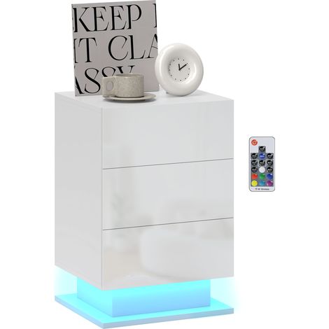 Table chevet moderne, blanc brillant, 40x35x60 cm lumières LED réglables télécommande, chambre salon, 3 tiroirs rangement (1/5)