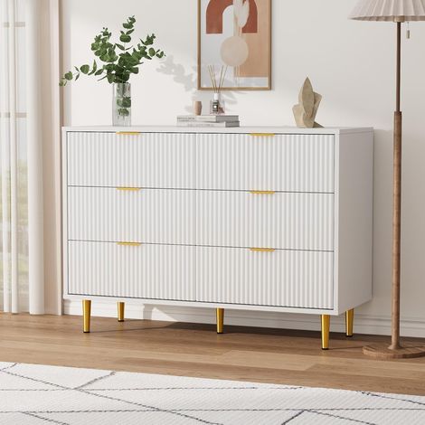 Commode 6 Tiroirs Moderne blanc, Meuble de Rangement avec Façade Ondulée et Pieds Dorés, pour Chambre Salon, 100x40x75 cm (1/5)