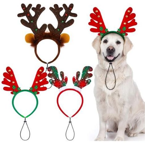 Lot de 3 Serre-têtes de Noël pour Chien avec Bois de Renne de Noël Bandeaux de Noël pour Animal Compagnie,Serre-Tête Renne Réglable (1/5)