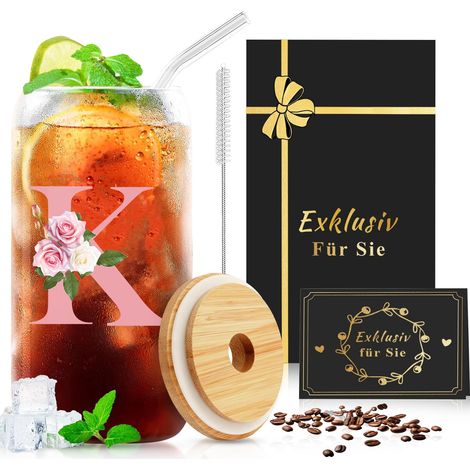 Mason Jar Tasse en verre avec couvercle et paille - 500 ml - Verre à smoothie - Pour milkshakes, jus, smoothies, bières - Idéal pour les cadeaux (1/5)