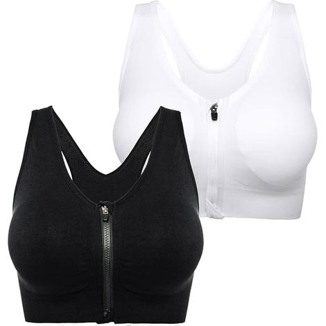 Completo sportivo da donna a 2 pezzi con cerniera frontale, bianco e nero, taglia L, senza ferretto, con supporto per la schiena, ideale per corsa, yoga, ciclismo e fitness. (1/5)