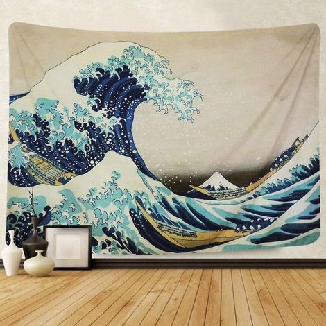 Tapisserie murale Mandala La Grande Vague de Kanagawa, idéale pour la décoration du salon et de la chambre. (1/4)