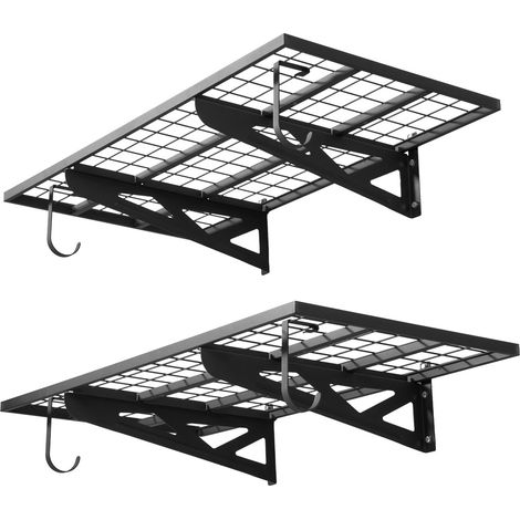Étagère Murale Garage 2 Niveaux Étagère Rangement Murale Garage 122x62x21 cm pour Garages, Buanderies, Ateliers, en Acier, avec Crochets, Charge 113 kg par Niveau, Charge Totale 227 kg, Noir (1/5)