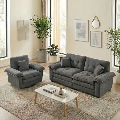 2-Teiliges Chenill-Sofaset: Einzelsofa + Loveseat mit zweischichtiger Sitzpolsterung & Dekokissen, Tiefsitzsofa für Wohnzimmer, Wohnung, Büro oder Lounge