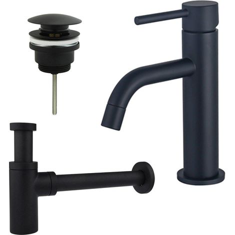 Fortifura Calvi Slim Kit mitigeur lavabo - robinet bas - bonde clic clac - siphon design - Noir mat