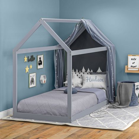 Single Bed Frame, House Scandinavian Style Wooden Bed Frame for 90W x 190Dcm Mattress, Pine Wood Bed Base, Grey