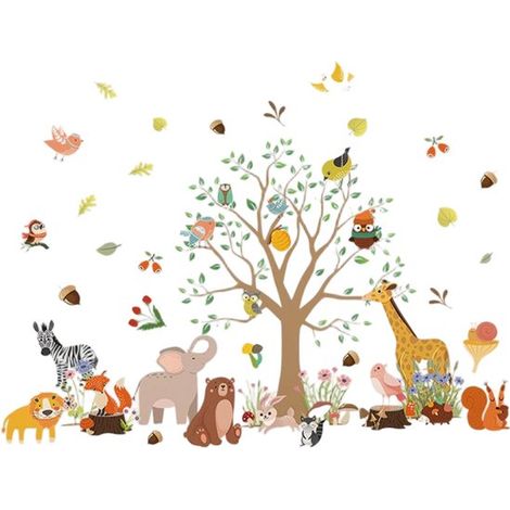 Adesivi murali grande albero nuvola bianca animale casa - Adesivi murali safari elefante cervo sika gufo zebra scoiattolo - Adesivi murali cameretta bambini camera da letto decorazione murale (1/5)