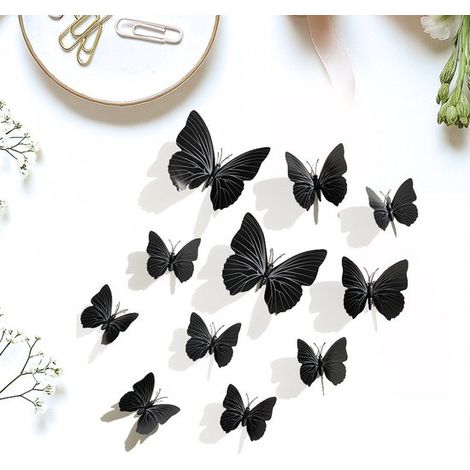 Set di 12 adesivi murali 3D a forma di farfalla nera – Design minimalista, varie dimensioni, autoadesivi, per una decorazione murale elegante (1/5)