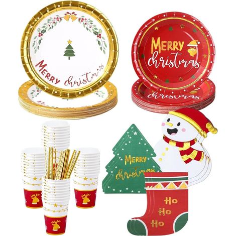 Juego de vajilla de papel de 127 piezas para fiestas navideñas: 25 platos llanos de 23 cm, 25 platos de ensalada de 18 cm, 25 vasos, 27 servilletas, 25 pajitas de papel - para la decoración de fiestas