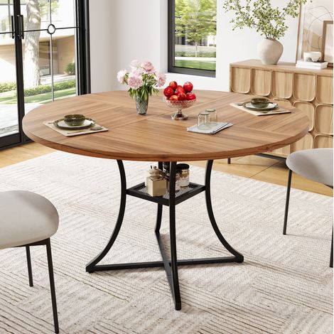 Mesa de comedor redonda de 100x100x75 cm para 4 a 6 personas con estante, MDF efecto nogal y metal negro, 1 estante (1/5)