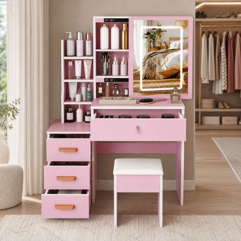 Bureau coiffeuse miroir LED 4 tiroirs MDF rose HAVRYA (1/5)