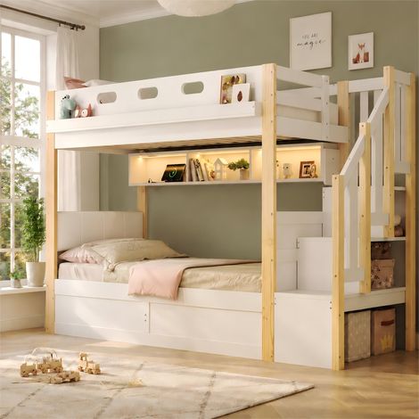 Lit mezzanine bois massif avec couchage hydraulique, lit superposé enfant, 90x200 + 90x200 cm, rangements intégrés, échelle avec tiroirs, éclairage LED et port USB, tête de lit matelassée simili cuir, (1/5)