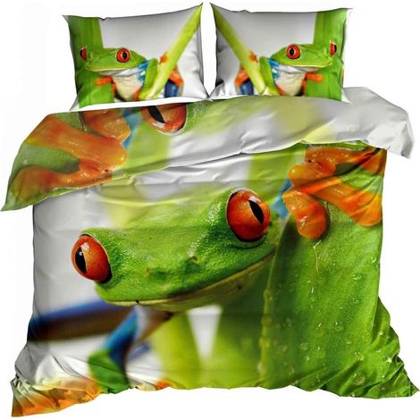 Parure de lit 3D en satin de coton 200x220cm, motif grenouille verte (1/3)