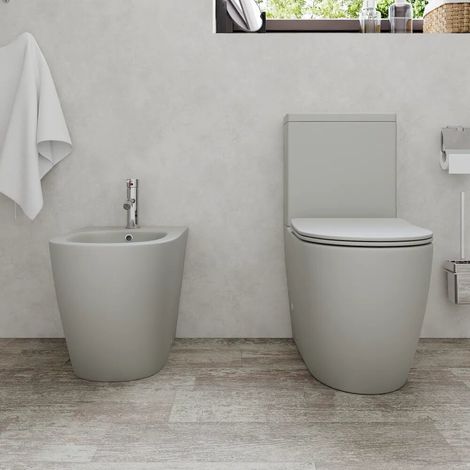 Coppia di sanitari filomuro vaso monoblocco rimless e bidet grigio opaco Europa