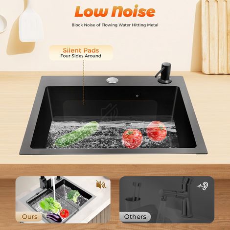 Évier de cuisine en acier inoxydable noir 45 x 40 cm Évier de cuisine 1 bac Évier encastrable moderne d’angle avec panier de drainage, robinet, distributeur de savon (sans robinet)