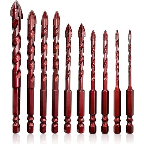 Juego de 10 brocas para azulejos VOBOR de 3 a 12 mm, broca para vidrio con vástago hexagonal, para azulejos de cerámica, hormigón, paredes de ladrillo, vidrio, mampostería, plástico y madera. (1/5)